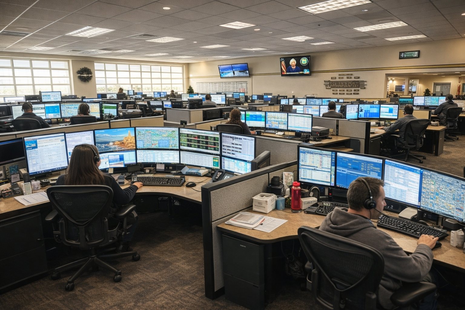 Emergency communications center operations floor with dispatchers at multi-monitor workstations